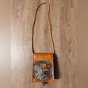 Vintage Firenze tooled leather shoulder strap purse featuring Paris scene